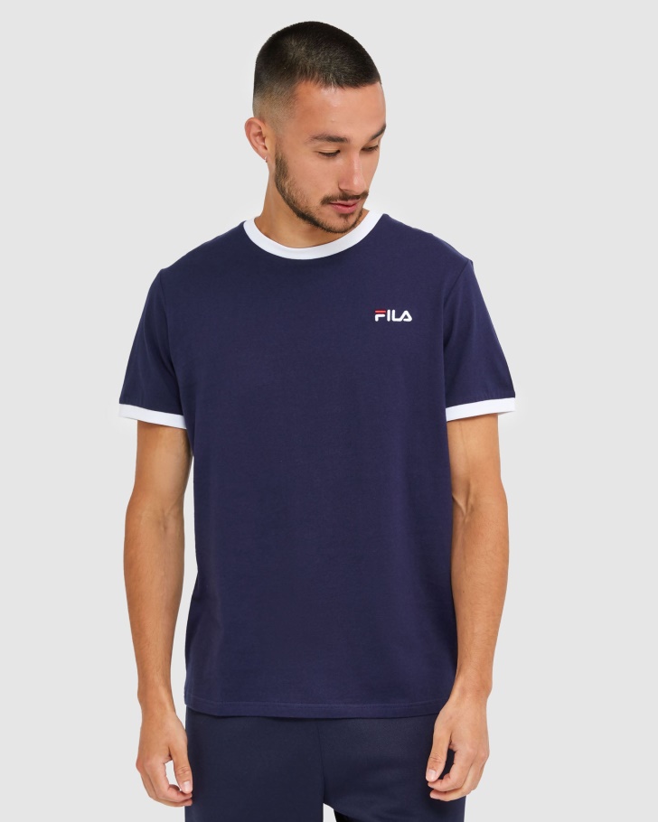 Camiseta Ringer Masculina Clássica Nova Azul Marinho Fila