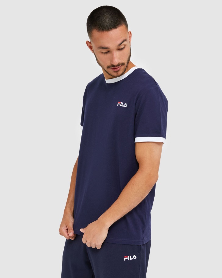 Camiseta Ringer Masculina Clássica Nova Azul Marinho Fila
