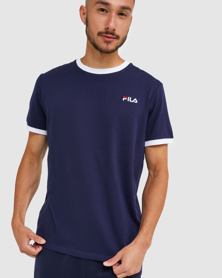 Camiseta Ringer Masculina Clássica Nova Azul Marinho Fila